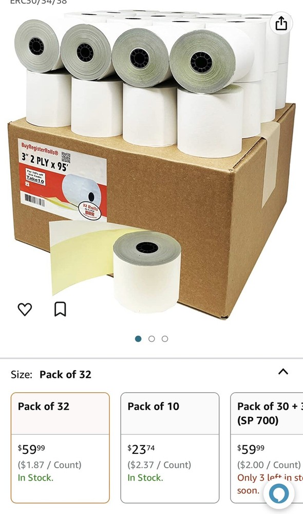 (32) 3″ x 95′ 2-PLY CARBONLESS POS RECEIPT PAPER ROLLS ~FAST FREE SHIPPING~