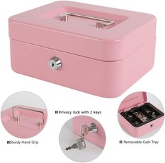 Lightweight Pink Steel Cash Box with Key Lock & Coin Organization Tray, Medium