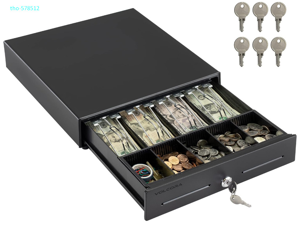 13″ POS Cash Drawer, 4 Bill 5 Coin Tray, RJ11/RJ12, Key Lock, Black