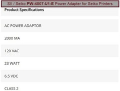 Seiko SII Power Adapter PW-4007-U1-E for DPU-414 / DPU-411 Thermal Printers