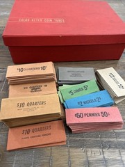 Vntg MMF Color-Keyed Manual CounterCoin Tubes/Original Box & 210+ Coin Wrappers