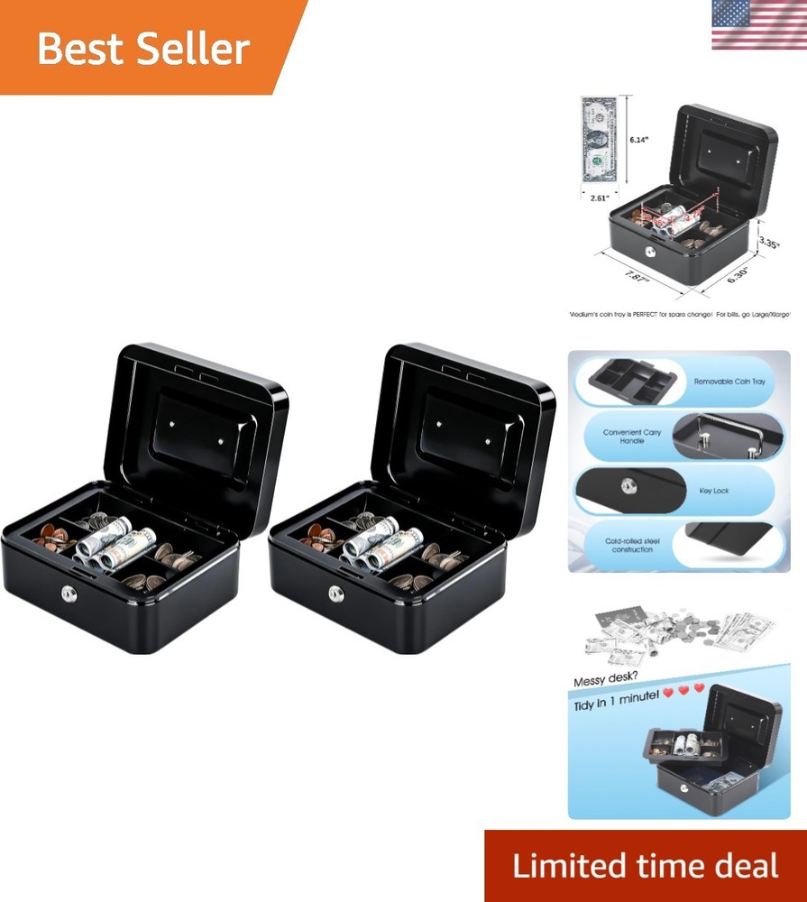 Compact Black Cash Box with Key Lock – Secure Storage for Home & Office, 2 Pack