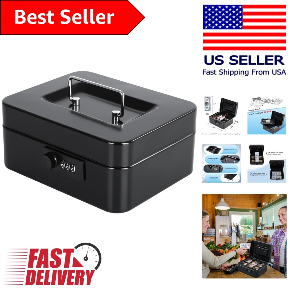 Compact Black Cash Box with Removable Tray and 3-Digit Combination Lock