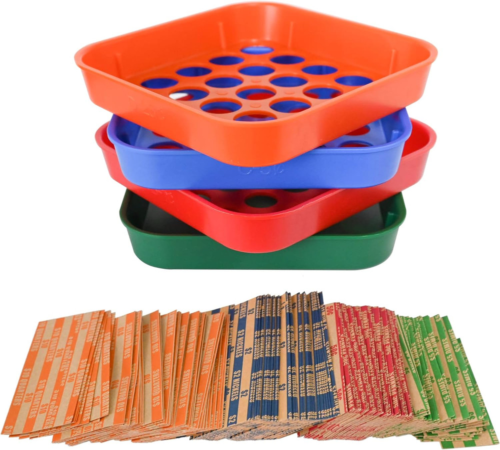 ESSENTIAL Coin Sorters Tray-4 Color-Coded Coin Sorting Tray with 160 Assorted C