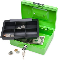 Hearthsong Metal Cash Lockbox with Plastic Inner Tray, Lock & 2 Keys 8x6x3 – NEW