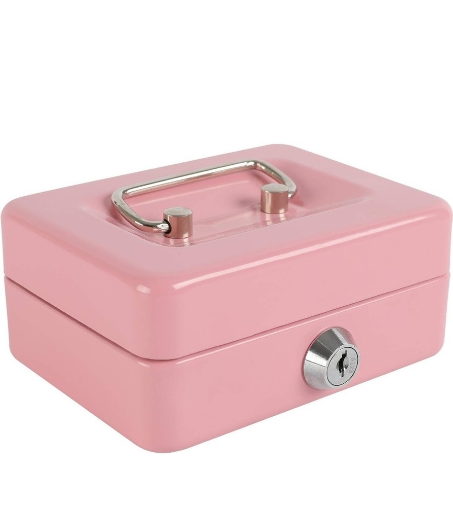 Pink Mini Cash Box Metal Lockable Portable with Removable Tray and Handle