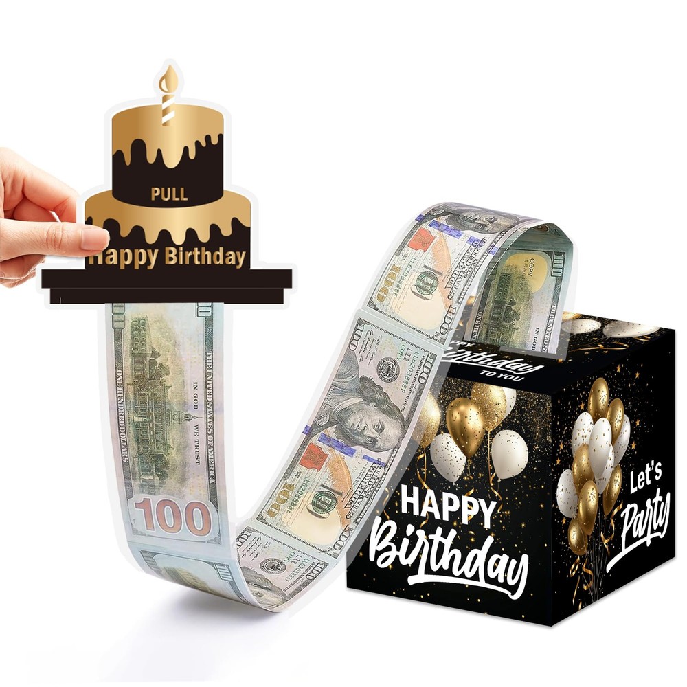 White Gold Birthday Money Box Cash Pull Out Gift Surprise Card With 50 Bags