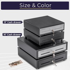 Durable Cash Register Drawer 16 Inch Black with Stainless Steel Coin Compartment