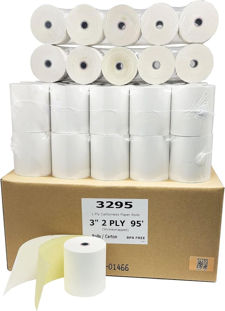 2-ply 3″ inch 90′ Feet (50 Rolls) Carbonless 2 Ply Kitchen Printer Paper Rolls