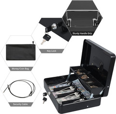 Cash Box with Money Tray, Key Lock Money Safe with Security Cable and Waterproof