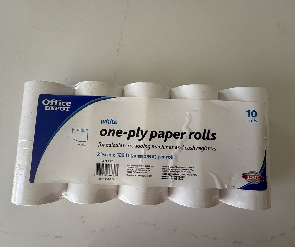 1-Ply Paper Rolls 2 3/4 x 128ft White Pack of 10 Item New