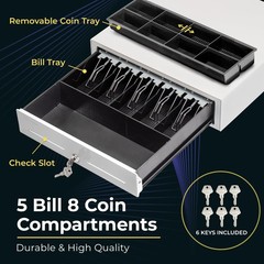 Volcora 16″ Push Open Cash Register Drawer for – 5 Bill 8 Coin, White