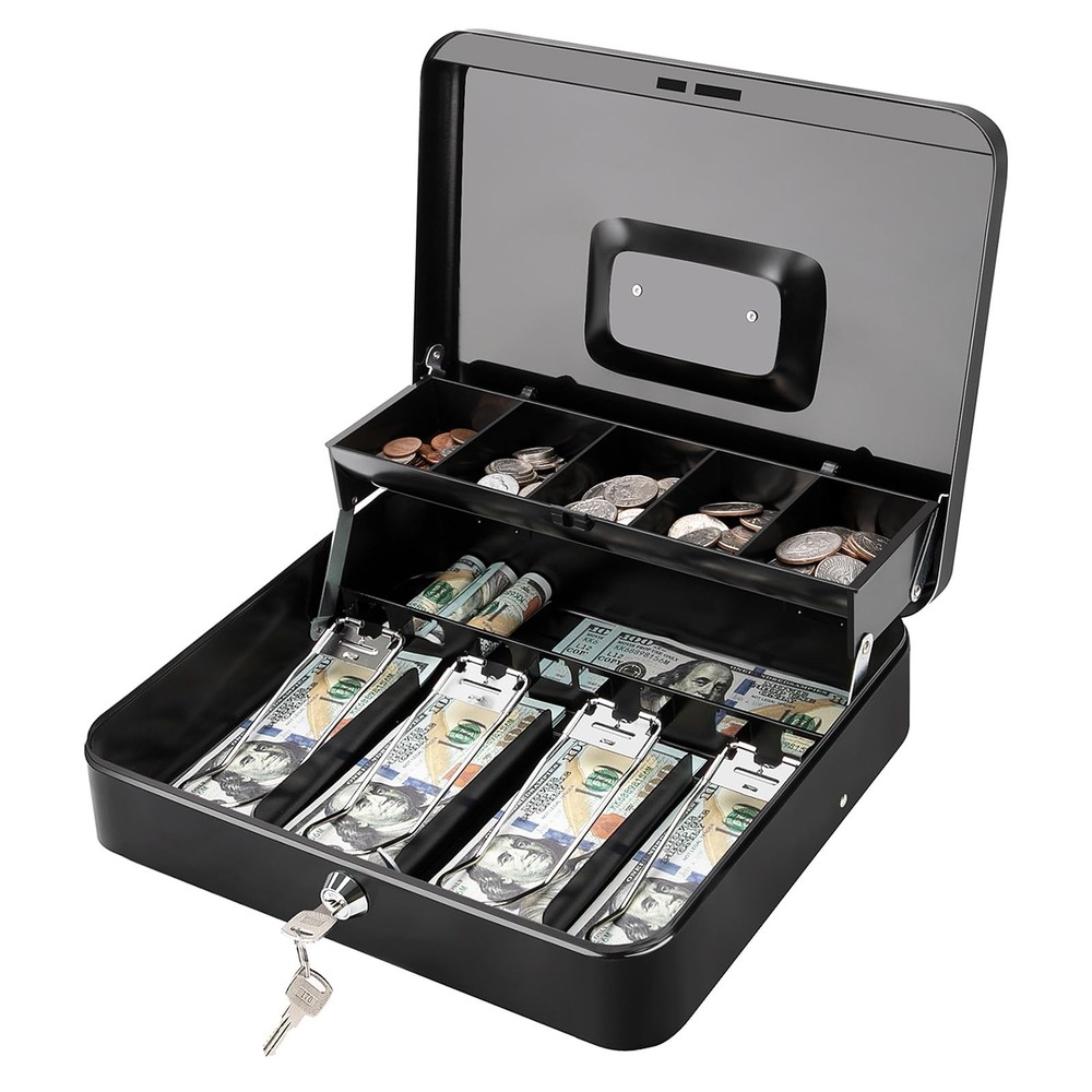 Jssmst Cash Box with Key Lock – 0.7mm Solid Steel, Auto-Pop Large, Black