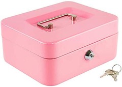 Locking Steel Medium Cash Box Removable Coin Tray Key Lock 7.87×6.3×3.54 Pink