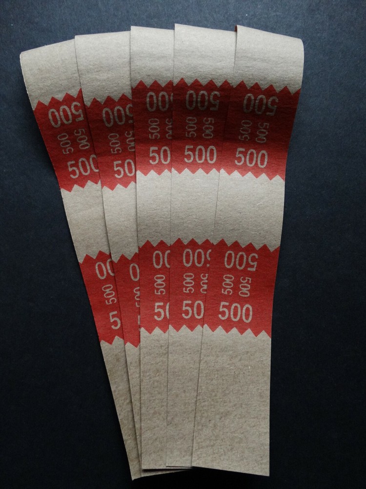 5 – Red $500 Cash Money Self-Sealing Straps Tan Saw Tooth Currency Bands