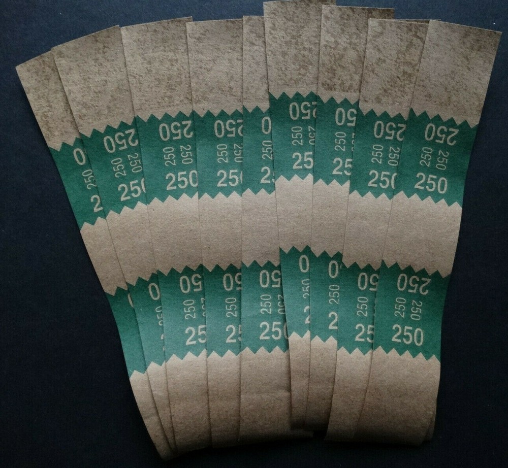 10 – Green $250 Cash Money Self-Sealing Straps Tan Saw Tooth Currency Bands