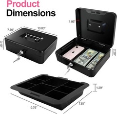 10″ Cash Box with Money Tray, Black, Large | Metal Money Safe Lock Box, Key L…