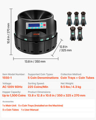 Coin Counter Machine 5 Denomination Coin Sorter LCD Display Holds 1500 Coins
