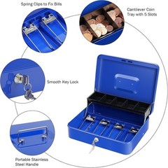 Large Cash Box with Lock Key – Metal Money Safe Blue