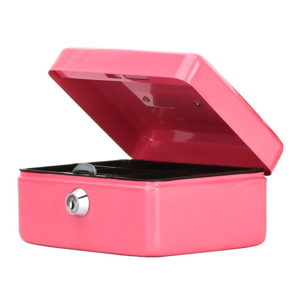 Portable Small Metal Cash Box with Key Lock and Double Layer Security Pink
