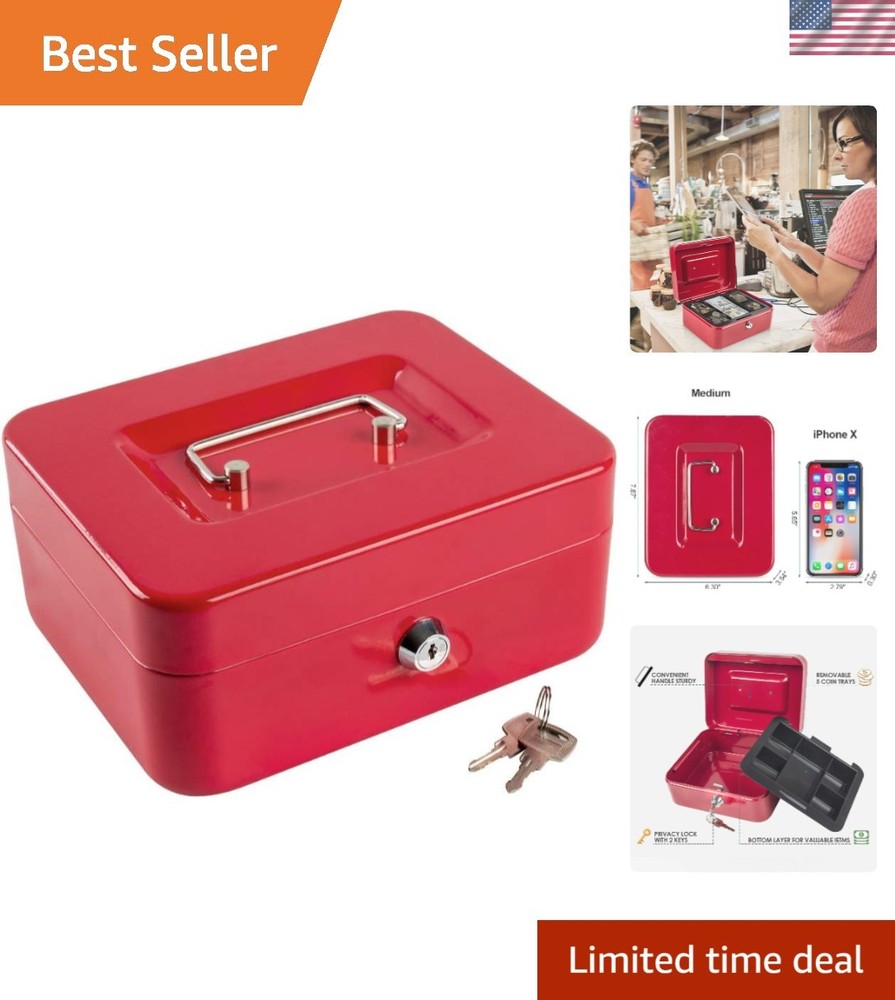 Lightweight Water-Resistant Cash Box with Key & Storage Tray – Compact Red