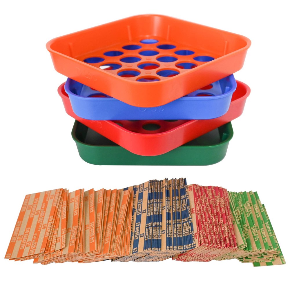 Coin Sorters Tray, 4 Color-Coded Coin Sorting Tray with 160 Assorted Coin Rol…