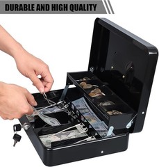 Portable Key Lock Cash Safe with Anti-Theft Cable – Black XL – 11.81in x 9.45in