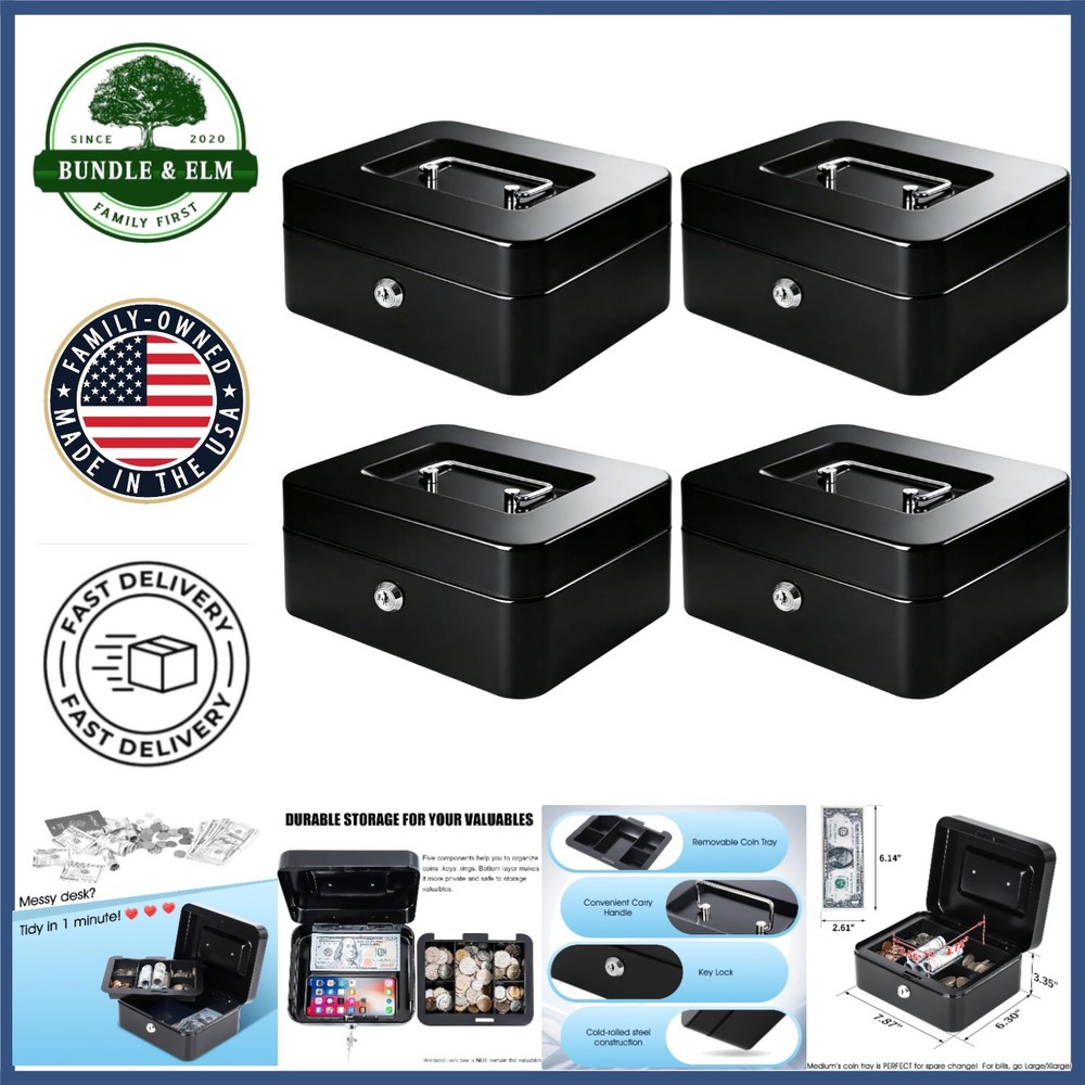 Metal Cash Box with Key Lock and Removable Coin Tray for Secure Storage