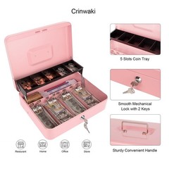 Cash Box with Money Tray and Key Lock, 11.8″x9.45″x3.54″, Pink key lock