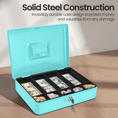 Blue Cash Box with Money Tray, 2 Keys, Lock Box w/ Removable 9 Compartment