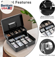 Locking Cash/Money Saving Organizer Box with Lock Safe with Key and Cash Tray, B