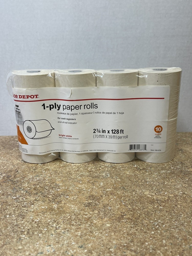 1-Ply Paper Rolls 8 Count Bright White 2-3/4 x 128ft Office Depot Item 108-974
