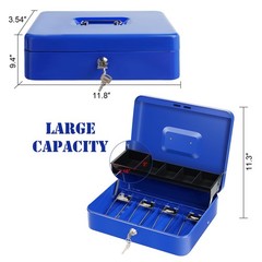 Blue Large Cash Box Key Lock Money Tray Metal Safe 11.8 x 9.4 x 3.54 Inch