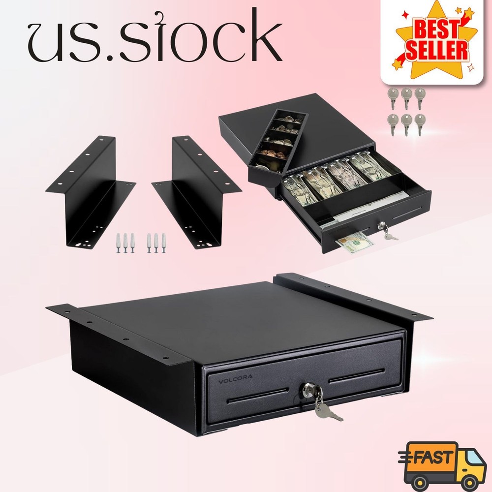 13 inch cash register drawer with mount, 4 bill 5 coin tray, black