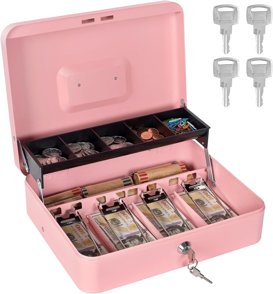 Cash Box with Money Tray and Lock, Metal Money Box for Cash Register, Large Cash
