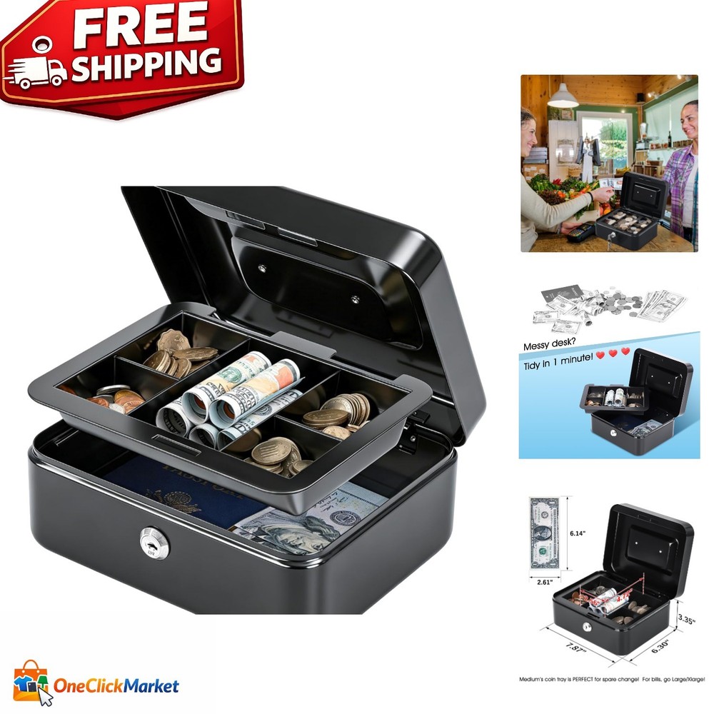 Compact 7.87×6.3×3.5 Medium Cash Box – Key Lock & Portable Handle for Easy Use