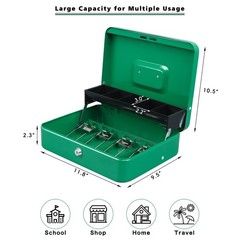 Cash Box With Money Tray Key Lock 4 Bill 5 Coin Slots 11.8×9.5×3.5 Green