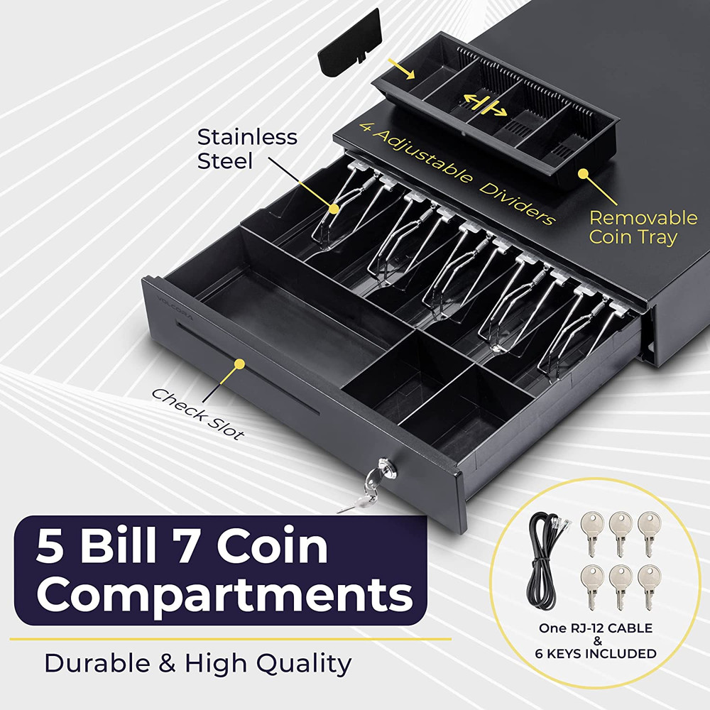 Cash Register Drawer 16″ POS System Bill Coin Slot Money Box RJ11/RJ12 Key Lock