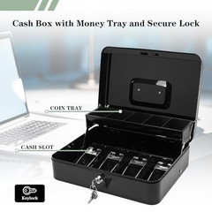 Metal Cash Box with Key Lock 11.8×9.4×3.5 Inches Removable Money Tray Portable