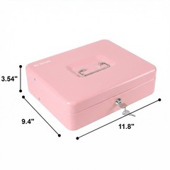 Pink Key Locking Cash Box Money Tray Lock Safe Register 11.8×9.45×3.54 Inch