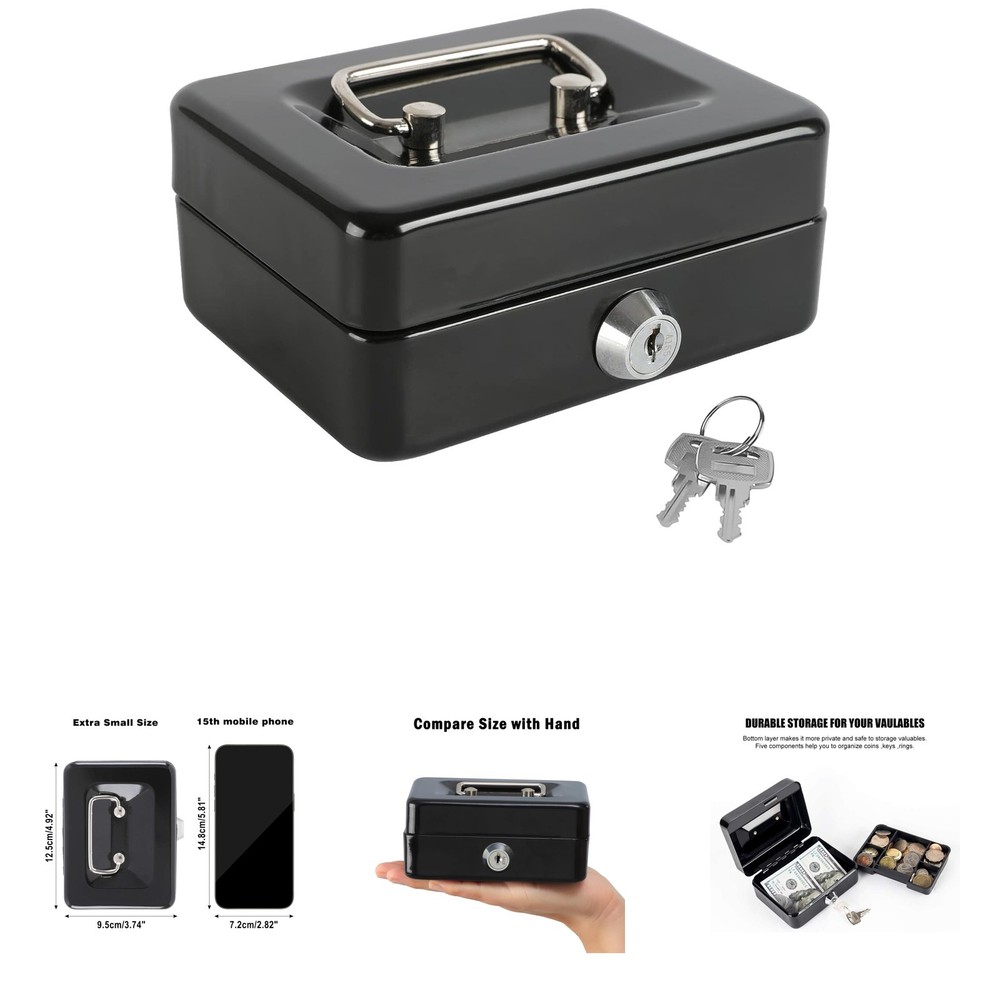 Mini Steel Cash Box with Removable Coin Tray Key Lock and Handles Black