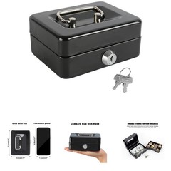 Mini Steel Cash Box with Removable Coin Tray Key Lock and Handles Black