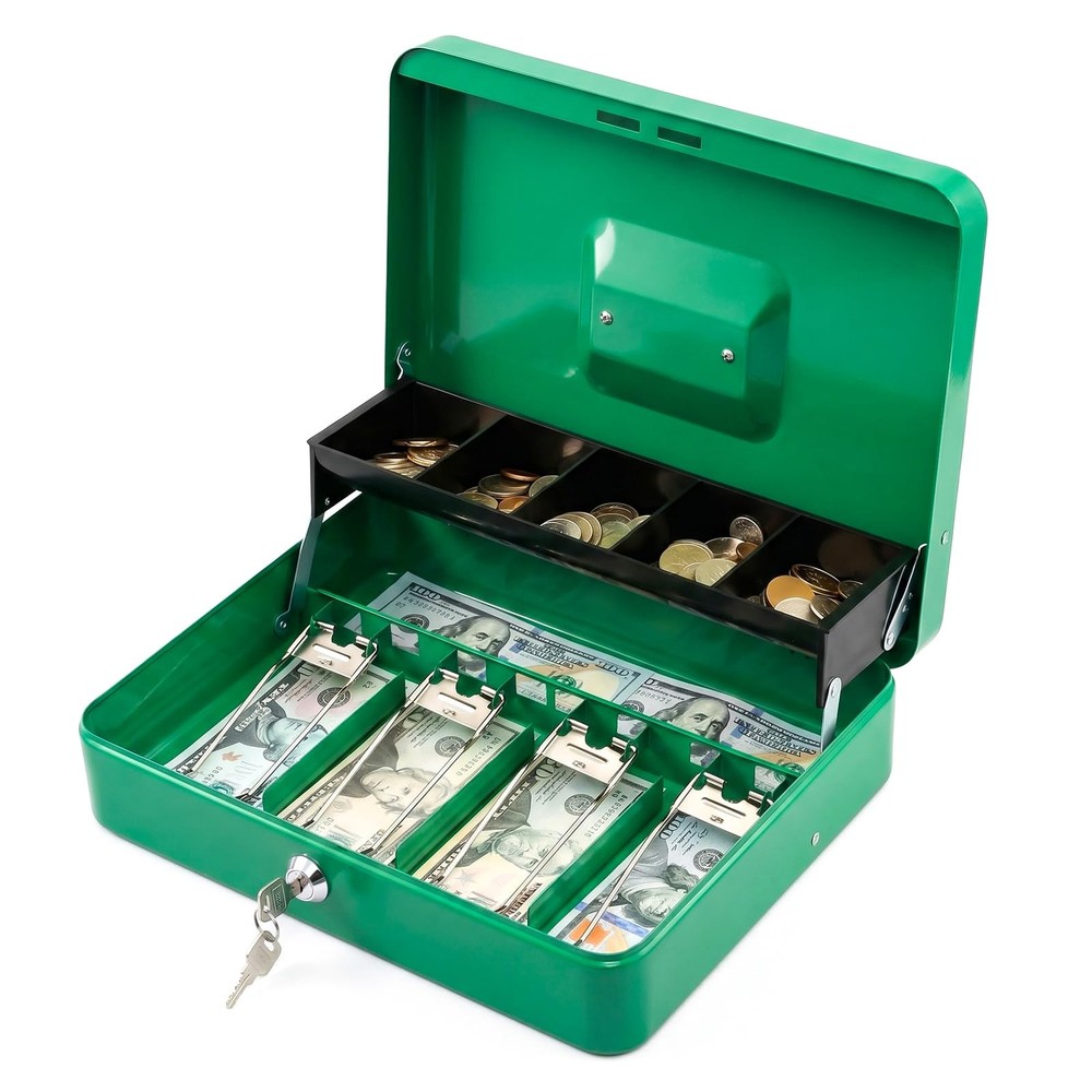 Locking Cash Box Money Safe Box With Key Organizer 30cm Green Steel Durable