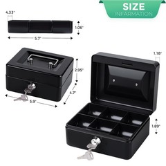 Small Cash Box with Money Tray and Lock, Metal Cash Lock Box with Key, Petty Cas