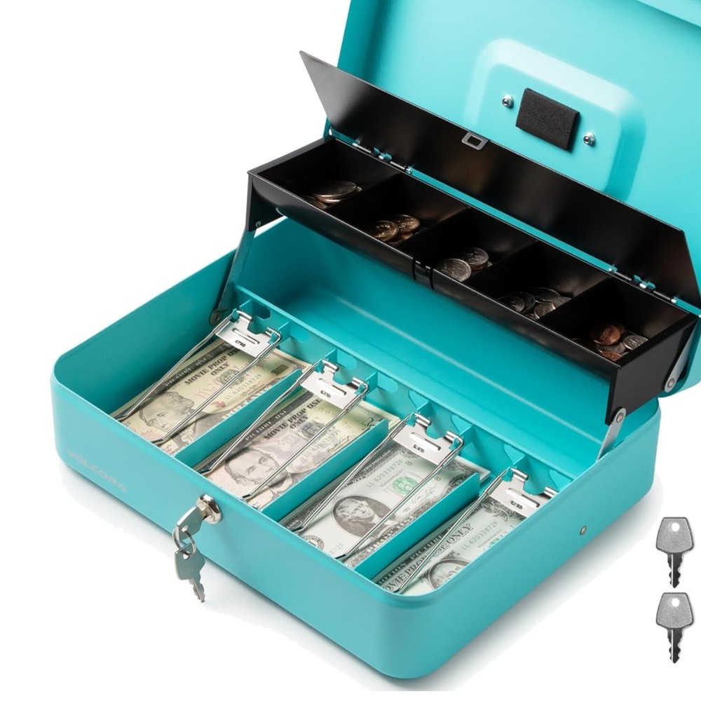 Large Cyan Cash Box with Key Lock – Portable Money Organizer for Sales