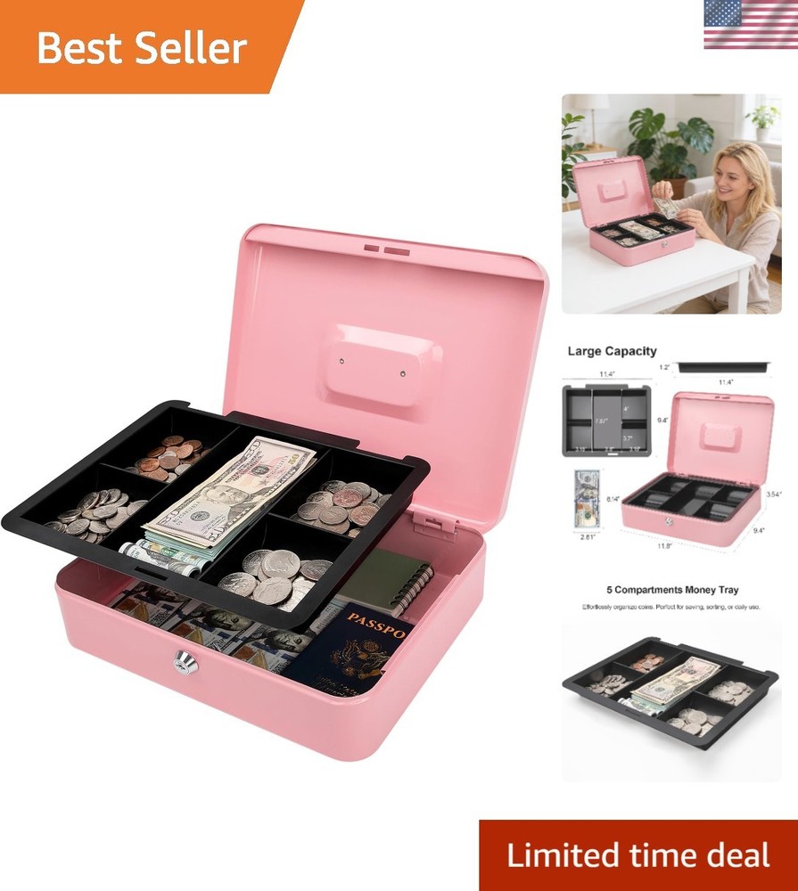 Large Pink Cash Box with Removable Tray & Key Lock – Perfect for Secure Storage