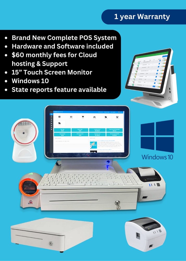 POS System Touch Screen 15″, Scanner, Cash Register, Wholesale Retail Software