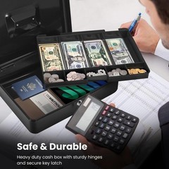 Cash Box with Money Tray and Lock – Metal Cash Box for Small Businesses, 9-Co…