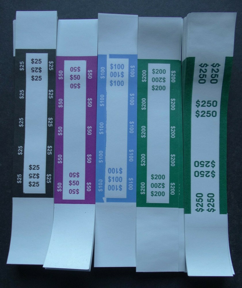 500 Mixed $25 to $250 Cash Money Self-Sealing Straps Logo Currency Bands