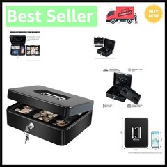 Large Portable Metal Cash Box – Secure Money Storage with Key Lock, 9.84″x7.87″